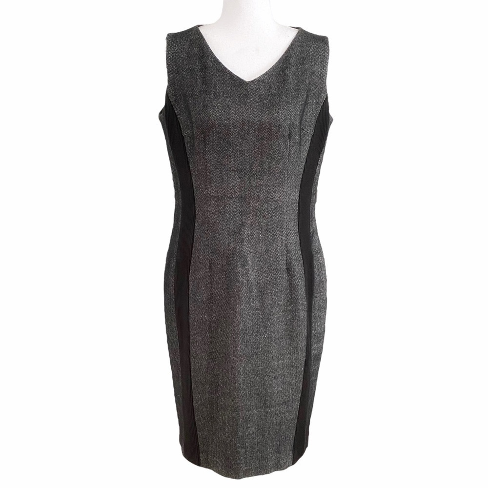 IRIS SETLAKWE WOOL LINEN BLEND GREY CHEVRON BLACK RIBBED INSERTION FORMAL DRESS